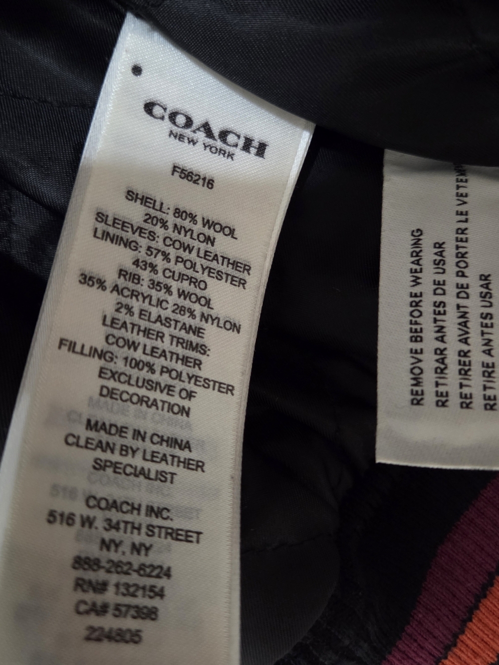 COACH New York F56216 Wool Leather Varsity Letterman Jacket Small, W/Garment Bag - Picture 7 of 9